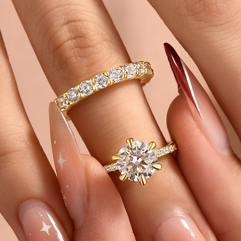 Moissanite 2.0Ct~3.0Ct Round Cut/4.0Ct Oval Cut Yellow Gold Wedding Ring Set