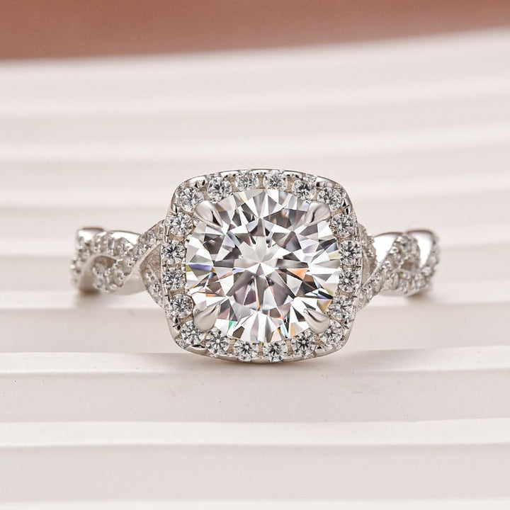 Moissanite 2.0 Ct Halo Round Cut Twist White Gold Engagement Ring