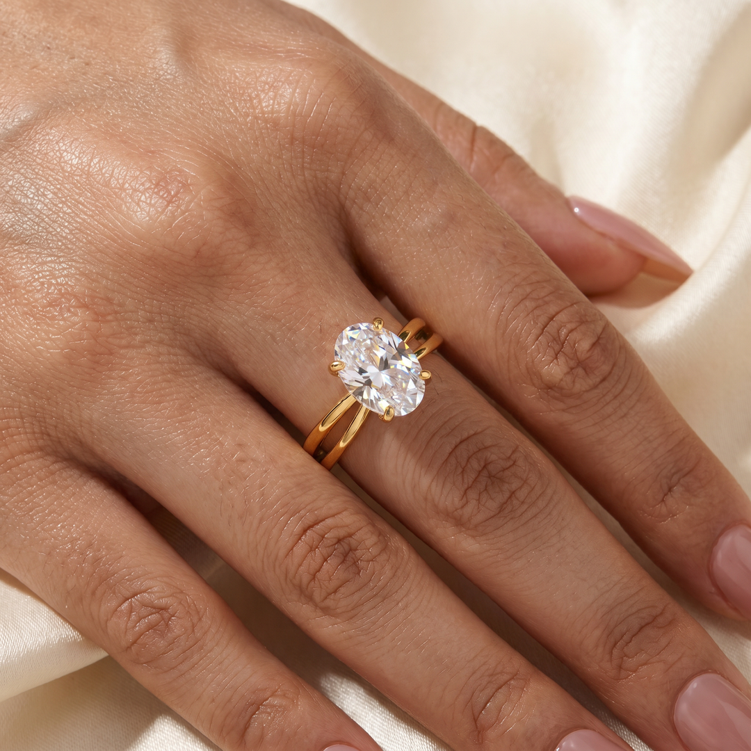 S925 Moissanite 2.5Ct Oval Cut Twist Split Shank 18K Yellow Gold Plated Engagement Ring