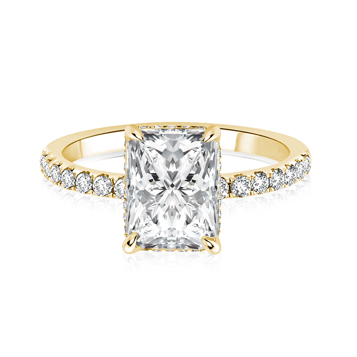 2 ct hidden halo radiant engagement ring with half eternity band