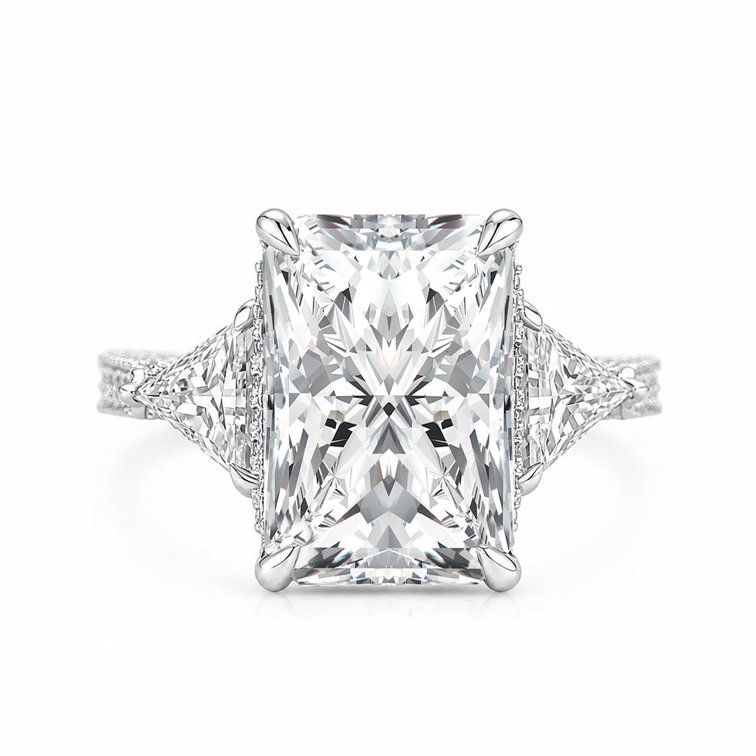Three Stone 5.0Ct Radiant Cut Moissanite Hidden Halo Engagement Ring In Sterling Silver