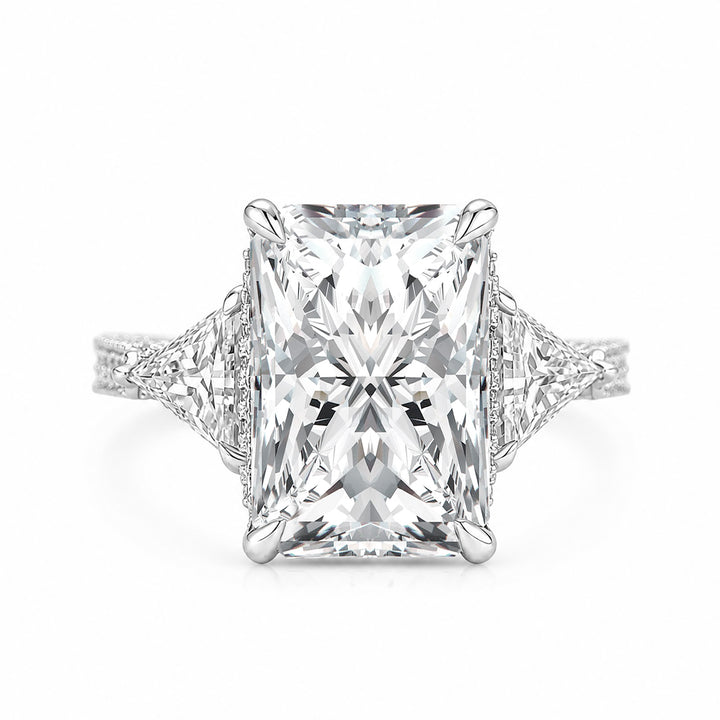 Three Stone 5.0Ct Radiant Cut Moissanite Hidden Halo Engagement Ring In Sterling Silver
