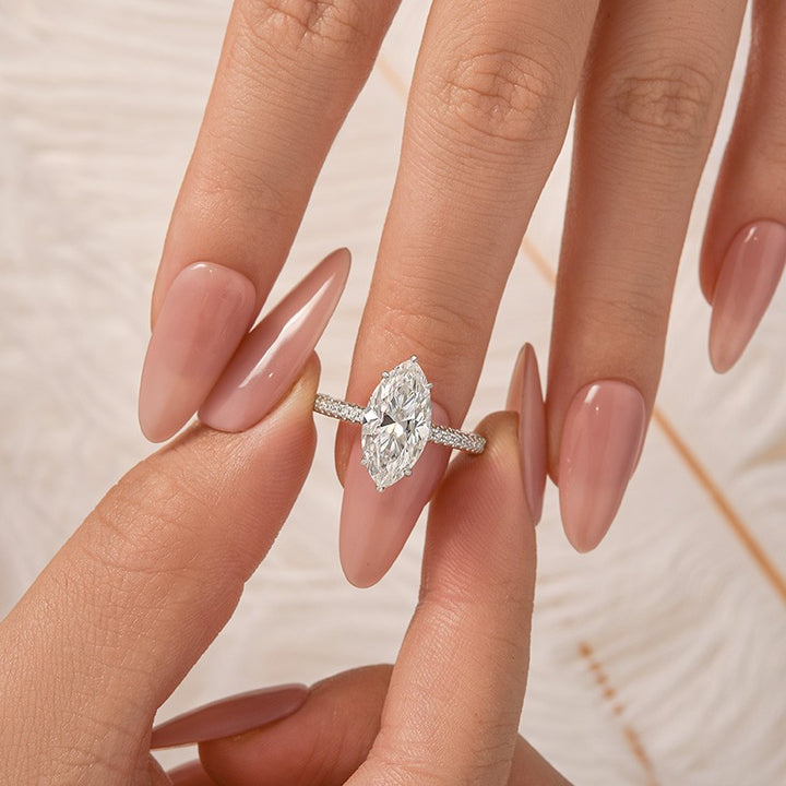 Moissanite 3.0Ct Marquise Cut Solitaire Engagement Ring with Pave Three-Sided Band in 18K White Gold Plated Sterling Silver