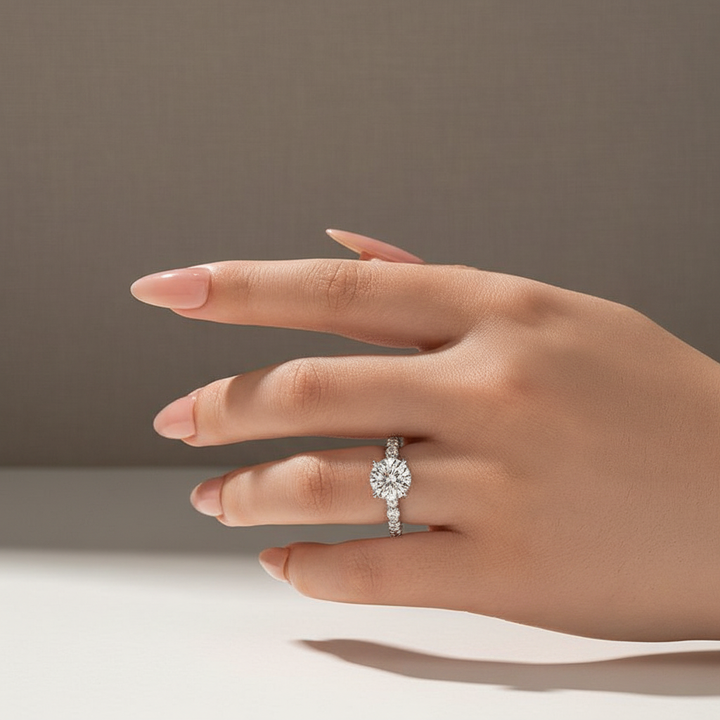 Round moissanite engagement ring worn on hand against a taupe background