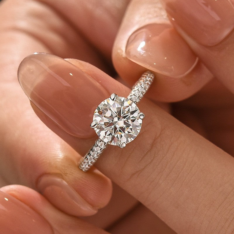 Triple Row Pavé 2.0Ct Round Cut Moissanite Engagement Ring In Sterling Silver