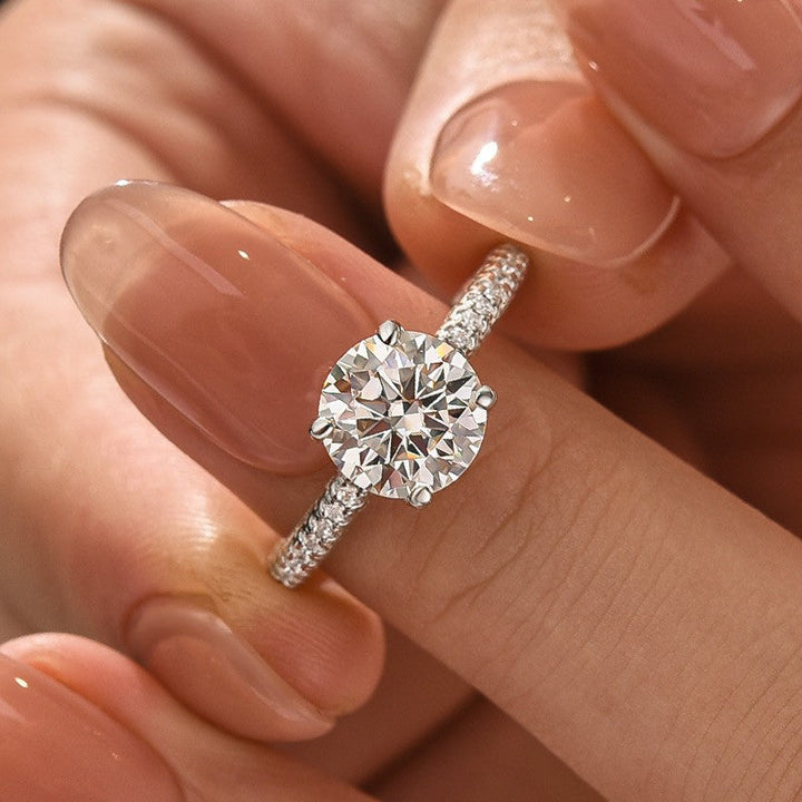 Triple Row Pavé 1.0Ct/2.0Ct Round Cut Moissanite Engagement Ring In Sterling Silver