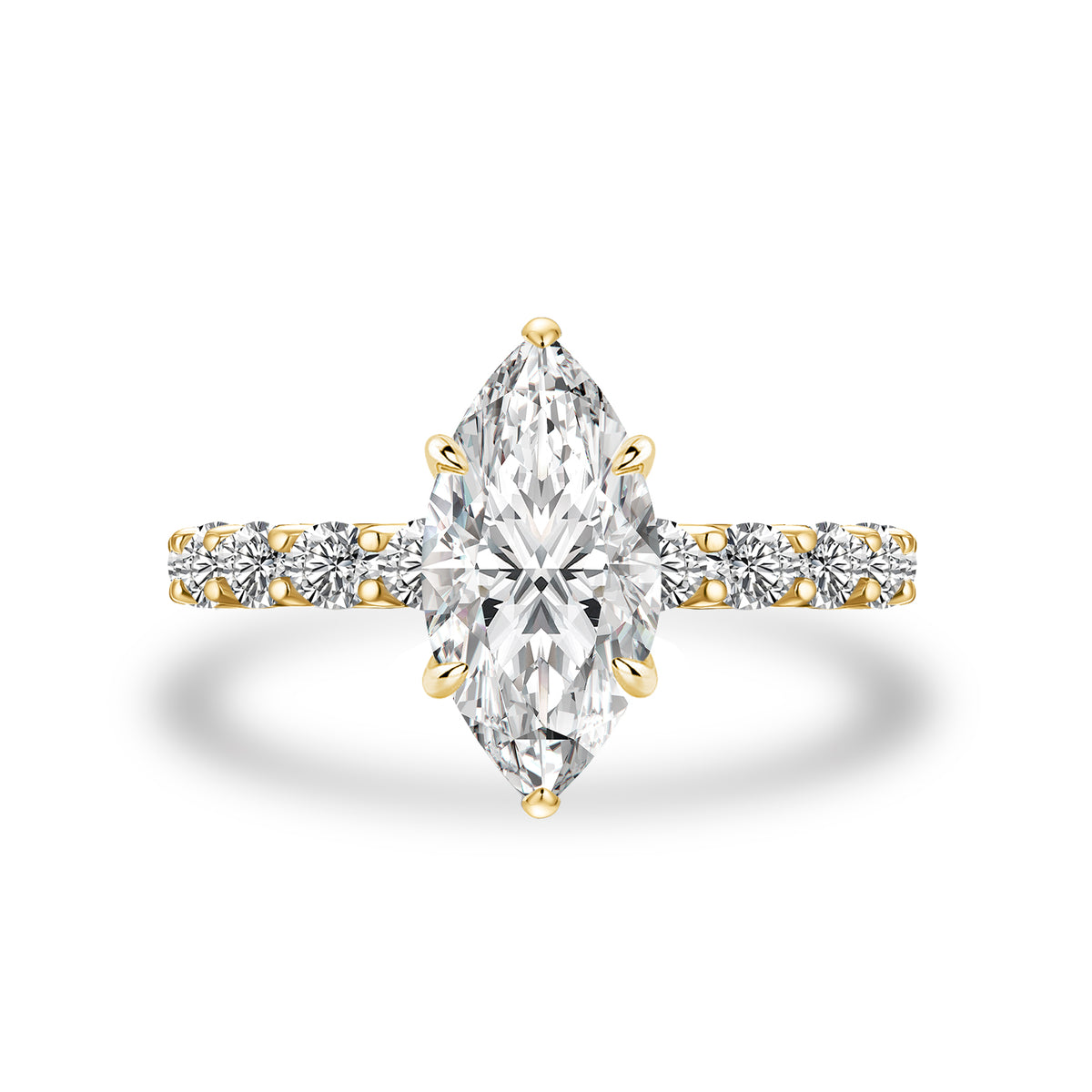 White marquise side stone engagement ring in yellow gold