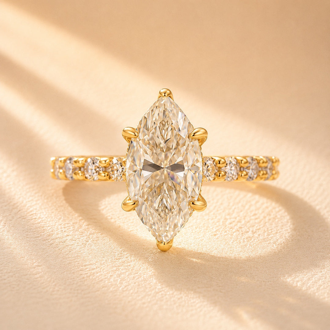 Moissanite 3.0Ct White Marquise Cut Side Stone 18K Gold Plated Engagement Ring