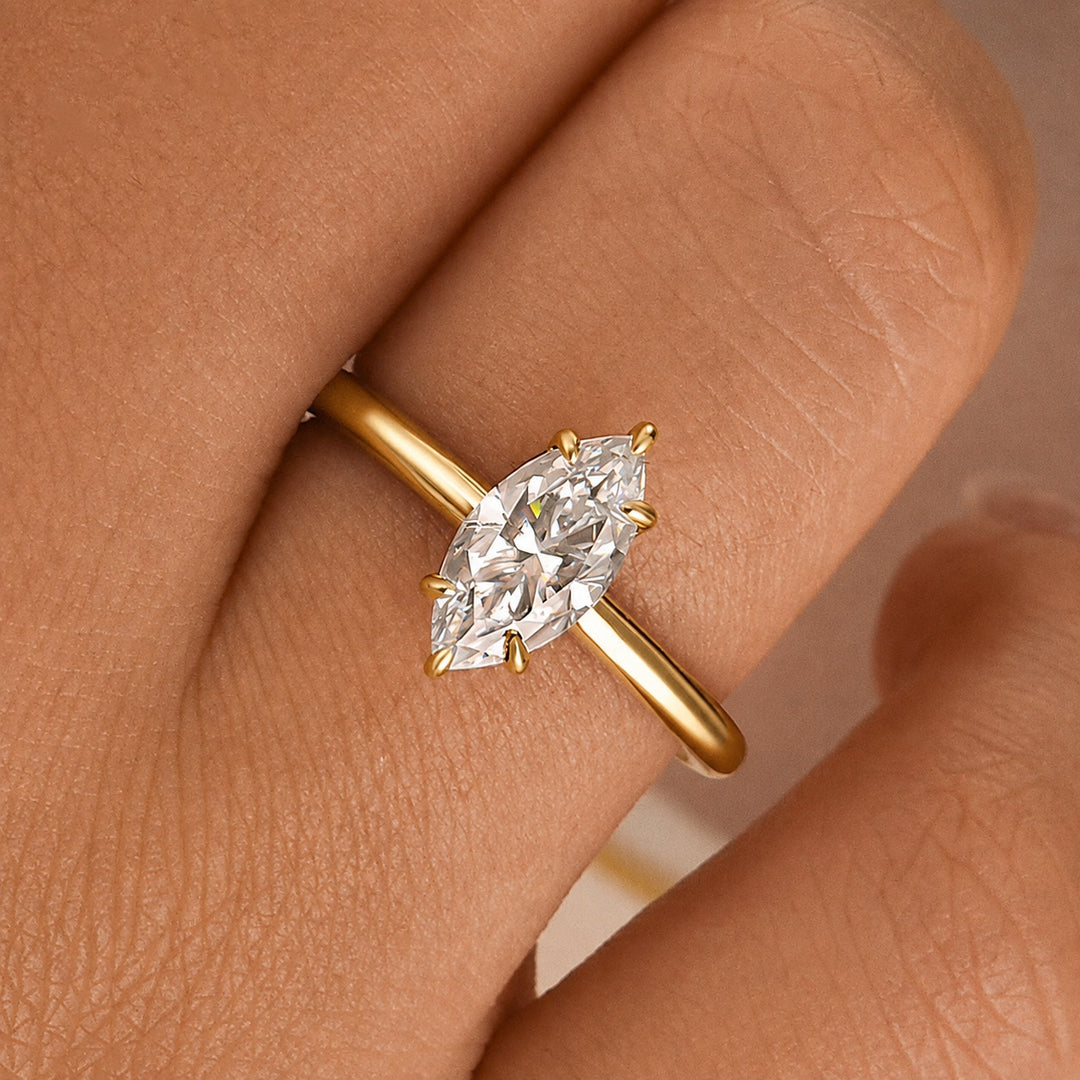 S925 Moissanite 2.0 Ct/1.0Ct Marquise Cut Solitaire Yellow Gold Promise Ring For Women