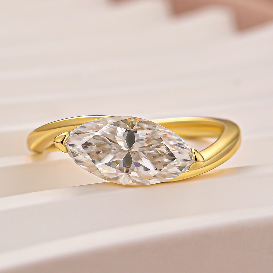 Moissanite 2.0Ct Yellow Gold East-West Marquise Cut Curve Band Engagement Ring