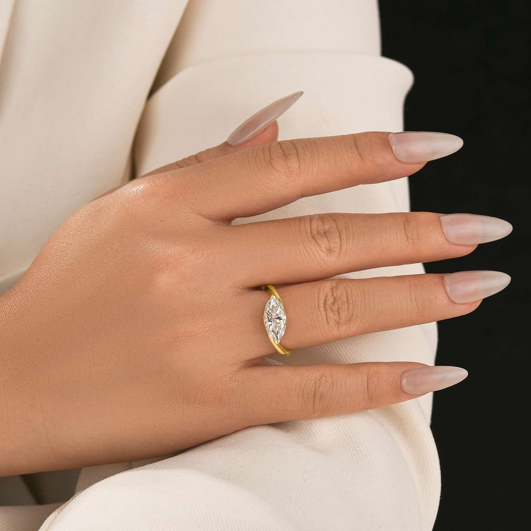Moissanite 2.0Ct Yellow Gold East-West Marquise Cut Curve Band Engagement Ring