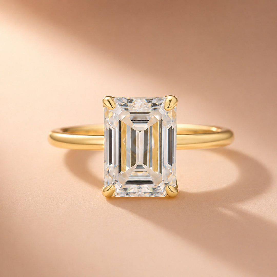 S925 Moissanite 3.5Ct Emerald Cut Solitaire Engagement Ring in 18K Yellow Gold Plated Sterling Silver