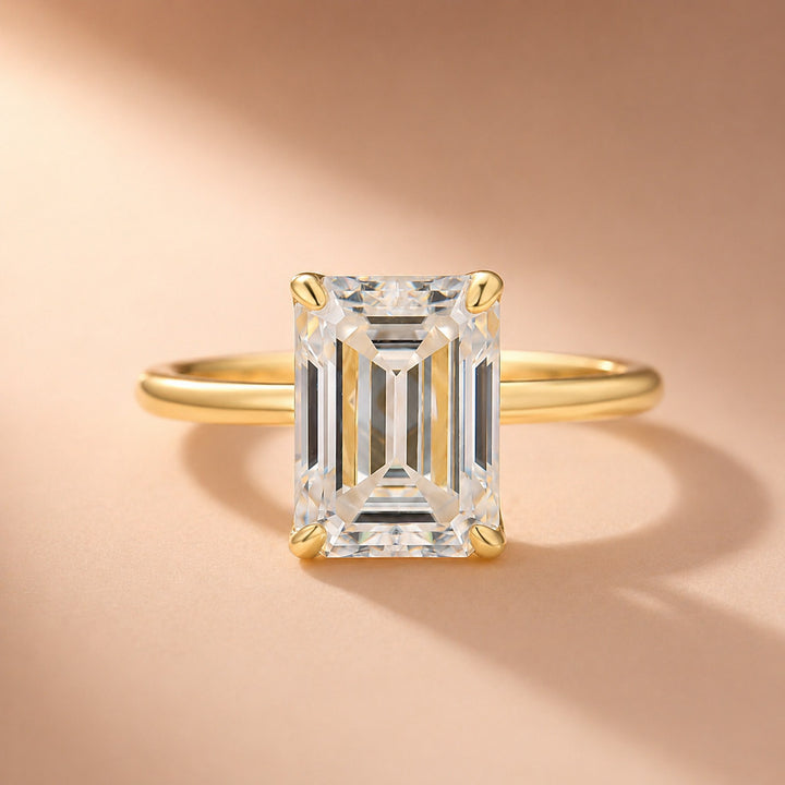 S925 Moissanite 3.5Ct Emerald Cut Solitaire Engagement Ring in 18K Yellow Gold Plated Sterling Silver