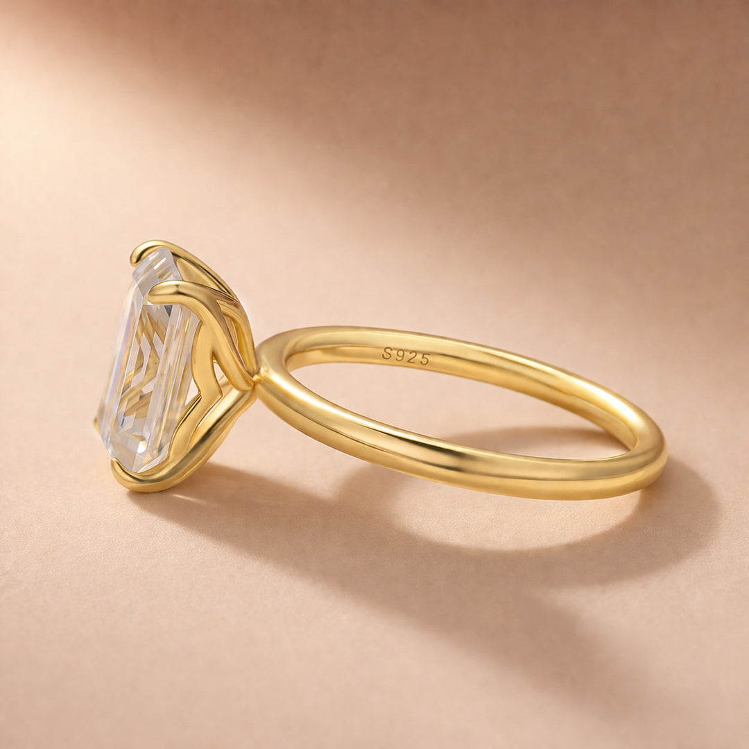 S925 Moissanite 3.5Ct Emerald Cut Solitaire Engagement Ring in 18K Yellow Gold Plated Sterling Silver