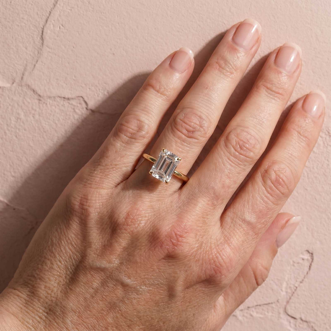 S925 Moissanite 3.5Ct Emerald Cut Solitaire Engagement Ring in 18K Yellow Gold Plated Sterling Silver