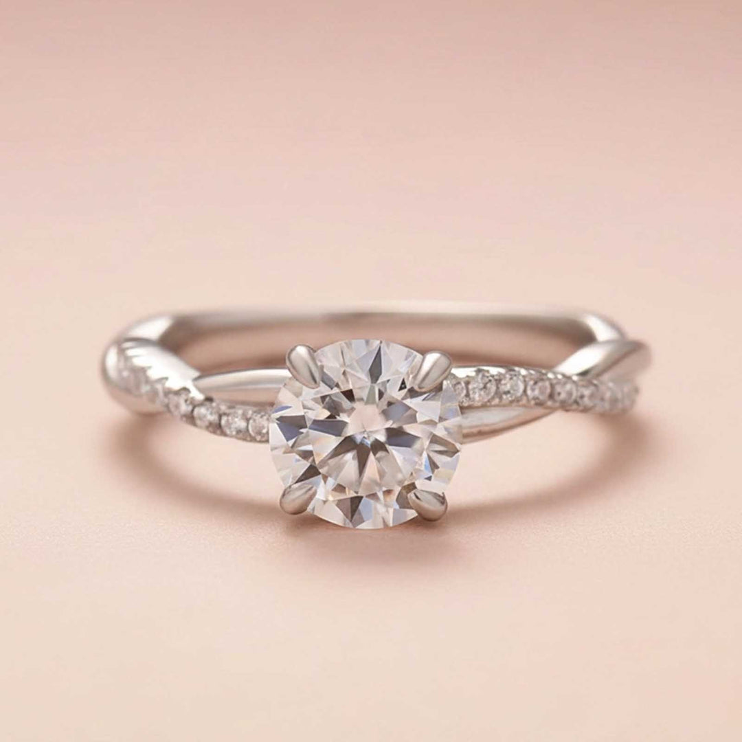 S925 Sterling Silver Mossianite Twist White Gold 1.0Ct Round Cut Engagement Ring