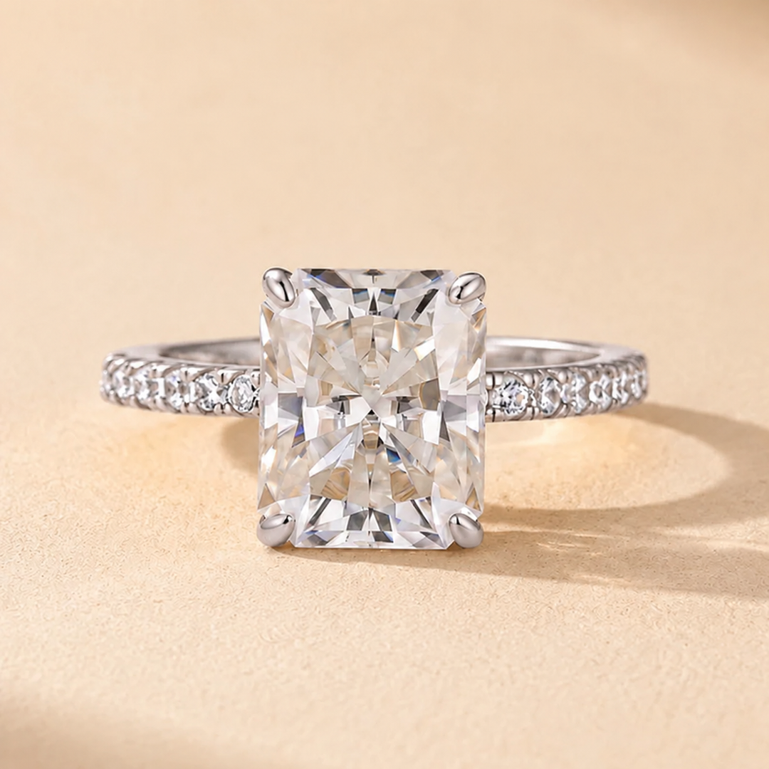 S925 Moissanite 4.0Ct Radiant Cut Hidden Halo Engagement Ring in 18K White Gold Sterling Silver