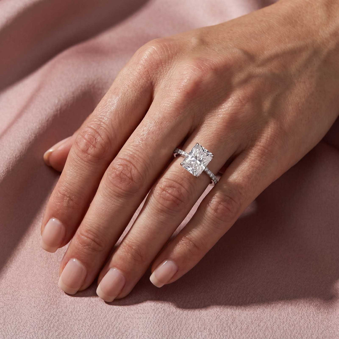 S925 Moissanite 4.0Ct Radiant Cut Hidden Halo Engagement Ring in 18K White Gold Sterling Silver