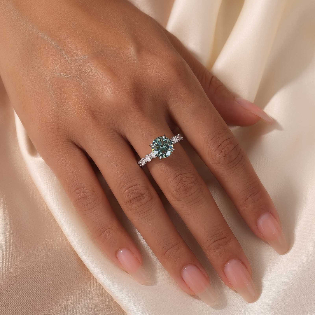 S925 Green Moissanite 3.0Ct Round Cut 18K White Gold Engagement Ring/Wedding Sets