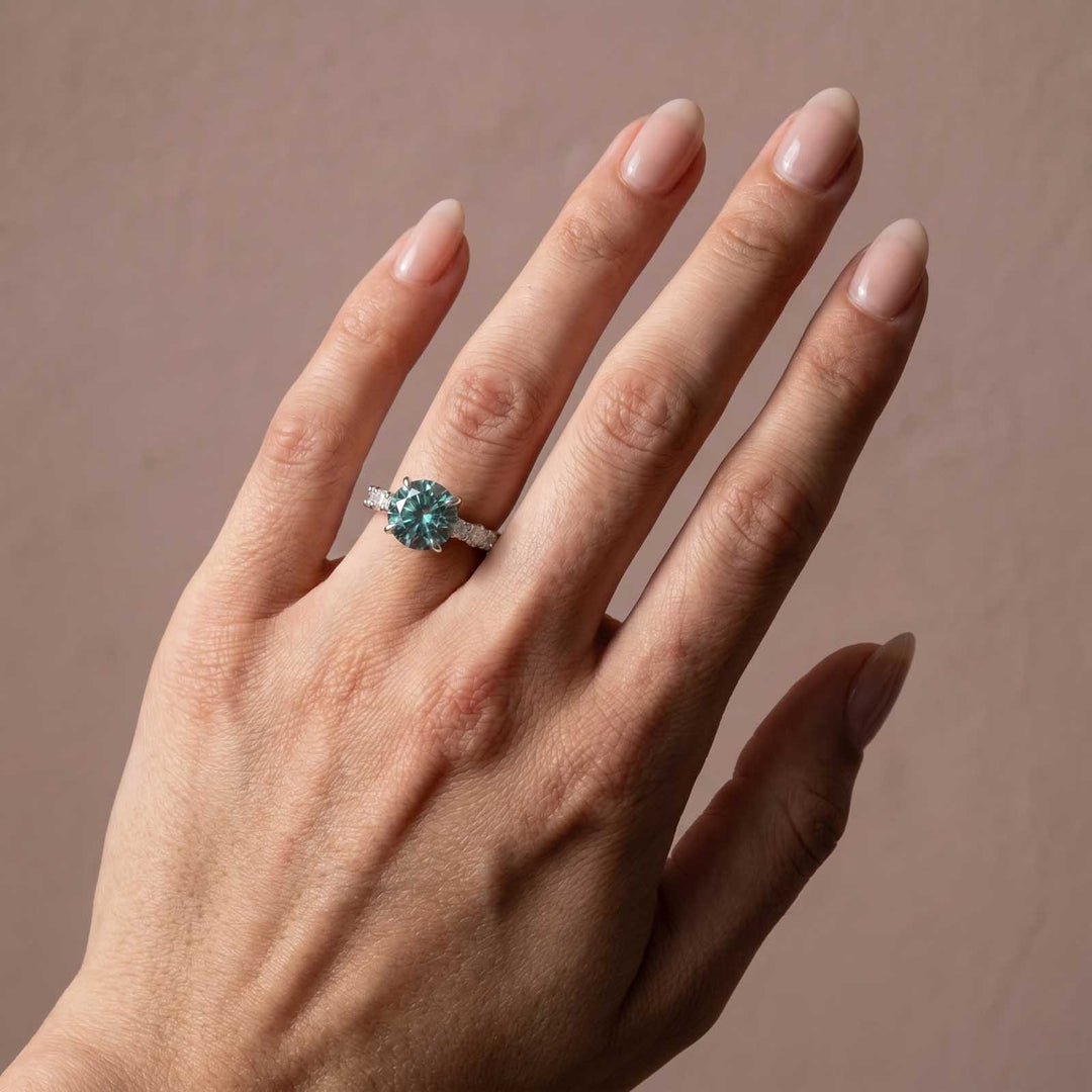S925 Green Moissanite 3.0Ct Round Cut 18K White Gold Engagement Ring/Wedding Sets