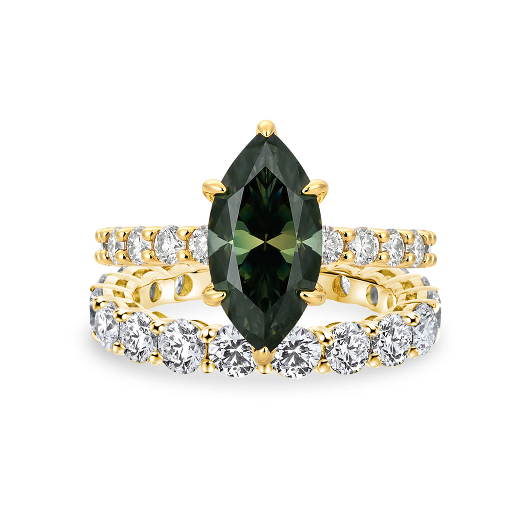 S925 Green Moissanite 3.0Ct Marquise Cut Side Stone Yellow Gold Engagement Ring With Moissanite 2.5 Ct Round Cut Women's Wedding Band