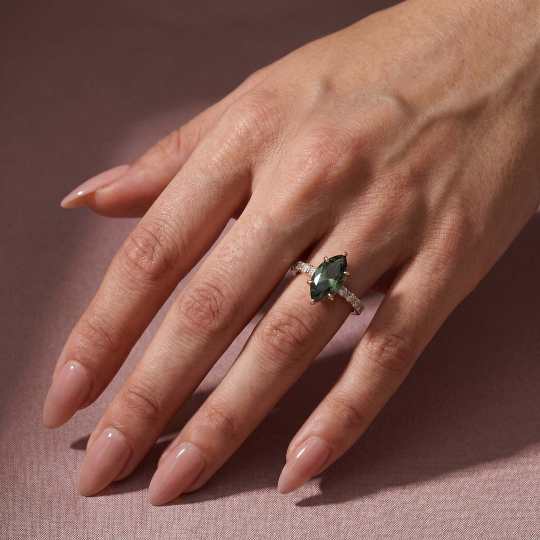 S925 Moissanite 3.0 Ct White &Green Marquise Cut Side Stone Yellow Gold Engagement Ring