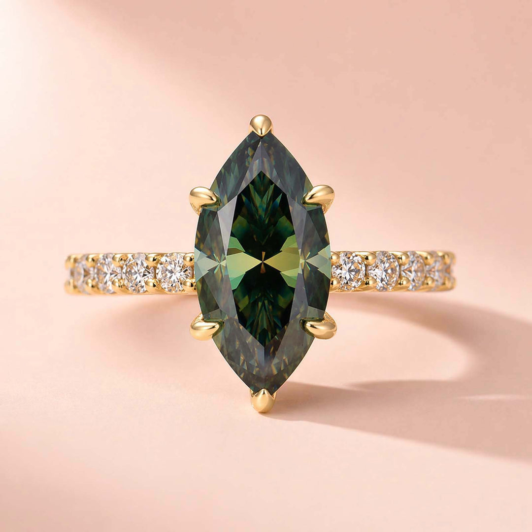 S925 Moissanite 3.0 Ct White &Green Marquise Cut Side Stone Yellow Gold Engagement Ring