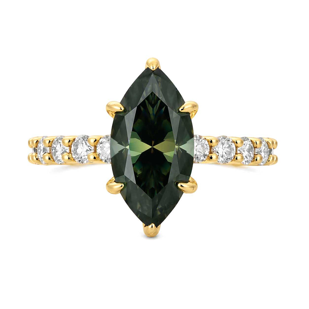 Moissanite 3.0Ct Green Marquise Cut Side Stone Yellow Gold Engagement Ring