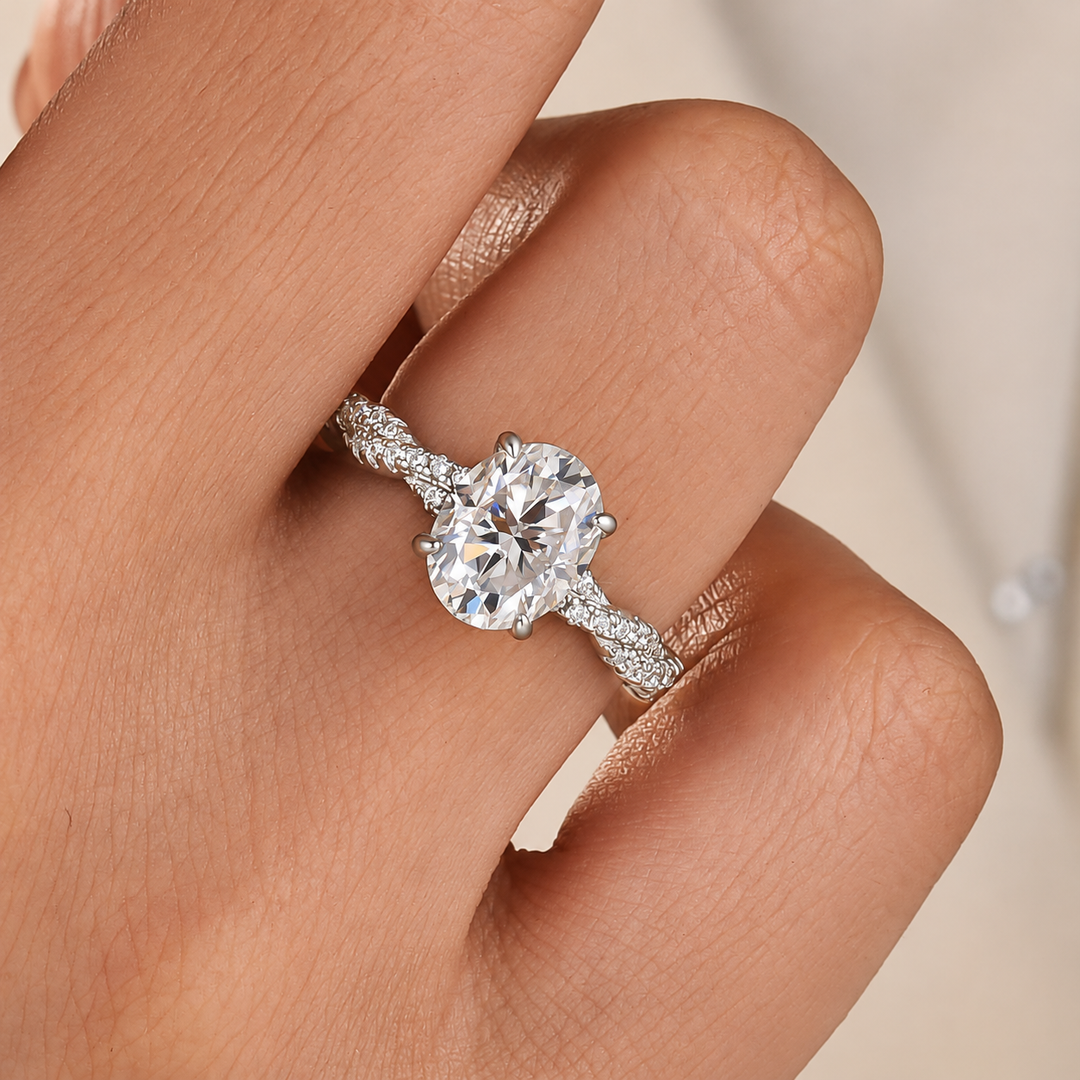 Moissanite Twist 2.0Ct Oval Cut Engagement Ring With Sparkling Pave Details
