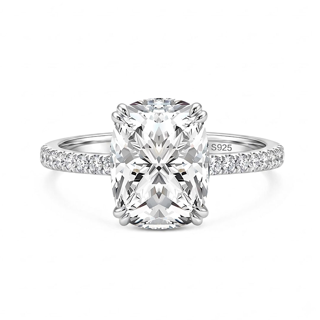 S925 Hidden Halo Moissanite 5.5 Cushion Cut Bold Self Radiance Half Pave Ring
