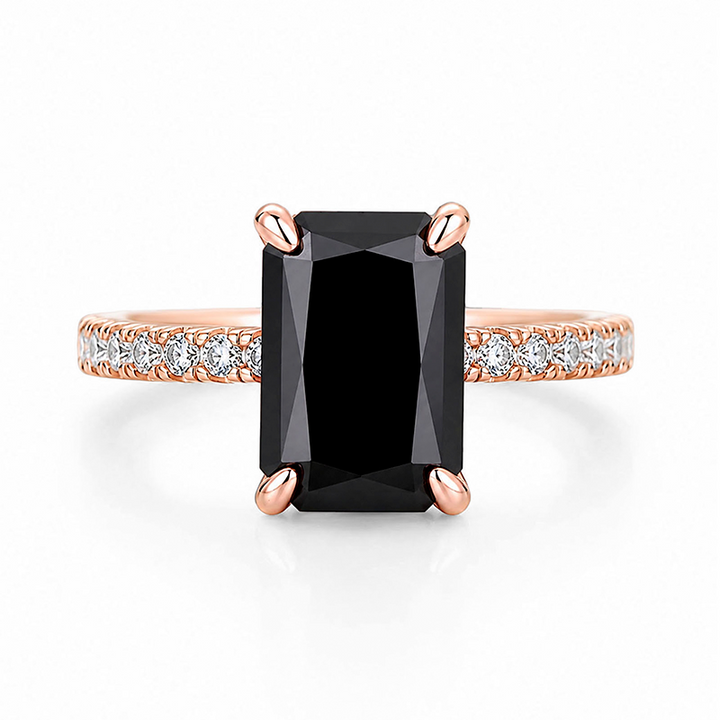 Moissanite Radiant Cut 3.5Ct Hidden Halo Black Stone Ring In Sterling Silver