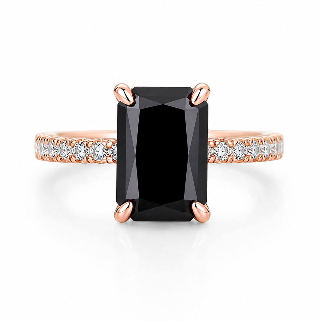 Moissanite Radiant Cut 3.5Ct Hidden Halo Black Stone Ring In Sterling Silver