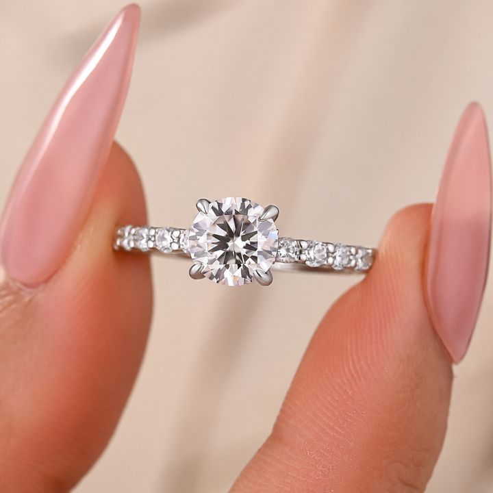 Moissanite 1.0Ct Round Cut Hidden Halo Stackable Side Stone Ring For Women