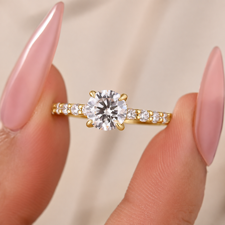 Moissanite 1.0Ct Round Cut Hidden Halo Stackable Side Stone Ring For Women