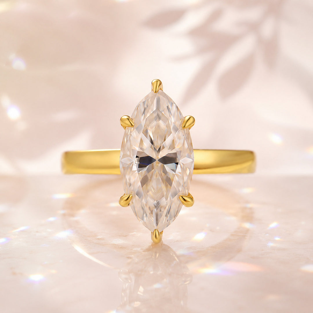S925 Moissanite Solitaire 3.0Ct Marquise Cut Yellow Gold Engagement Ring