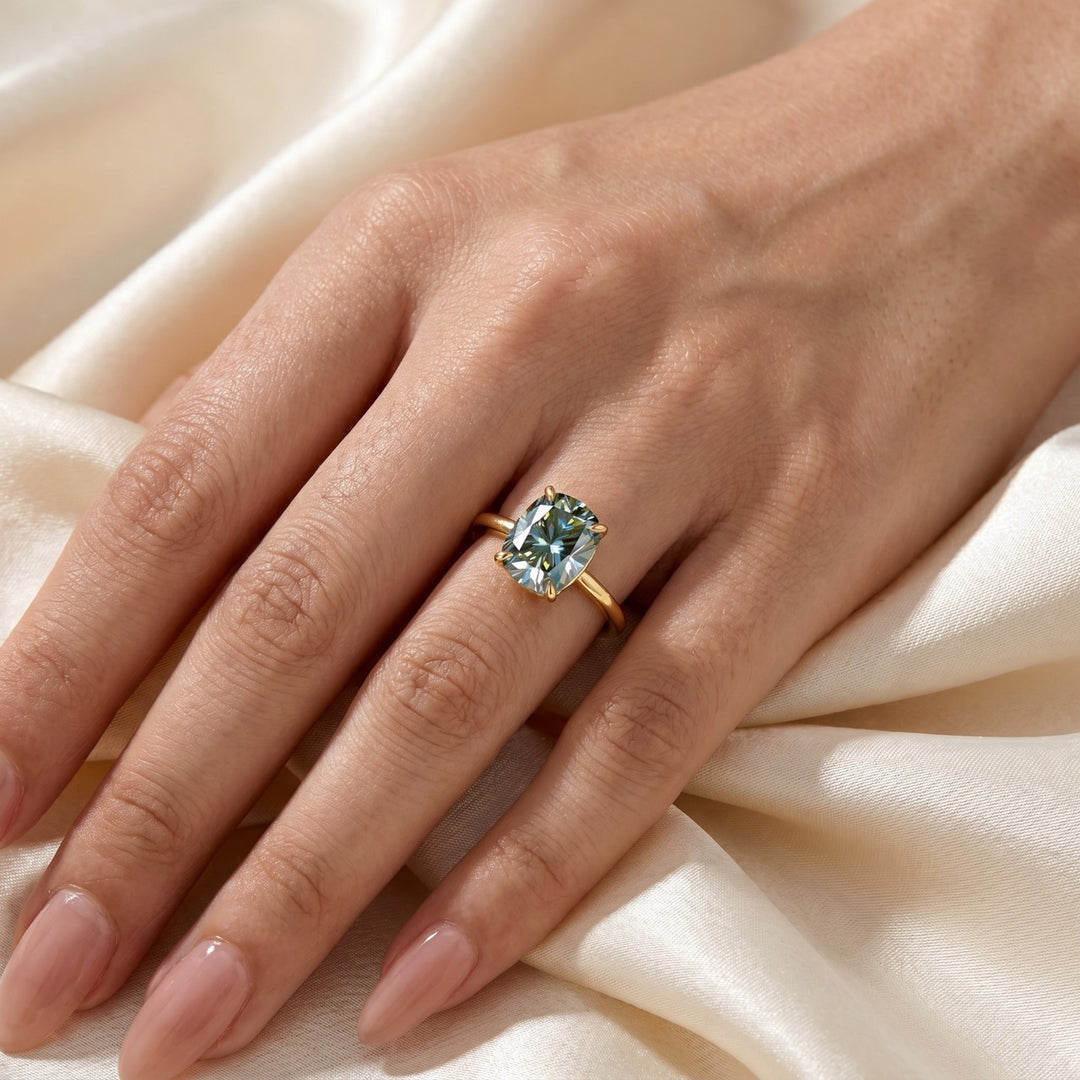 S925 Moissanite Elegant 3.5Ct Hidden Halo Green Stone Cushion Cut Engagement Ring in Sterling Silver