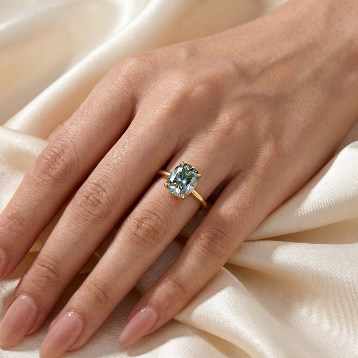 S925 Moissanite Elegant 3.5Ct Hidden Halo Green Stone Cushion Cut Engagement Ring in Sterling Silver
