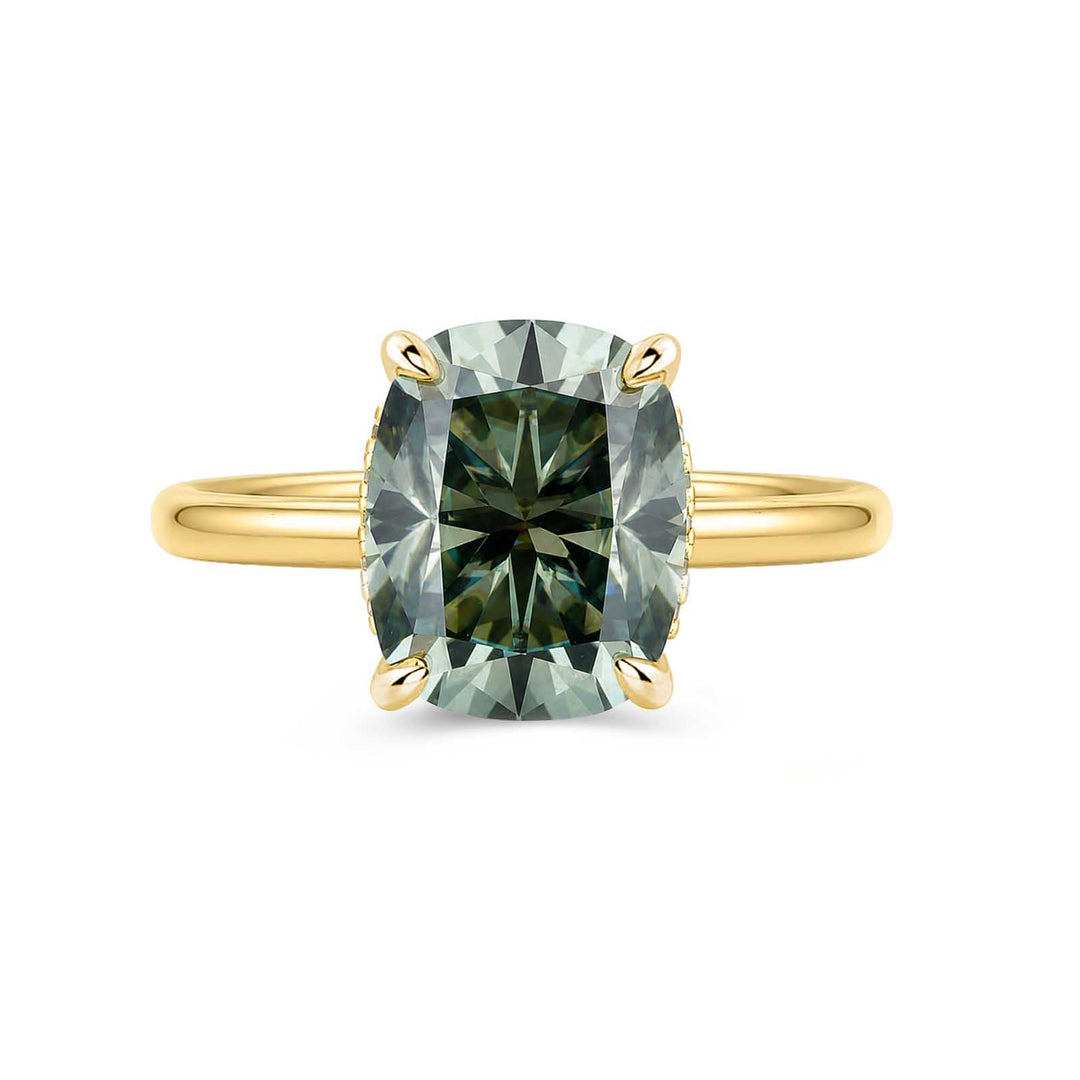 S925 Moissanite Elegant 3.5Ct Hidden Halo Green Stone Cushion Cut Engagement Ring in Sterling Silver