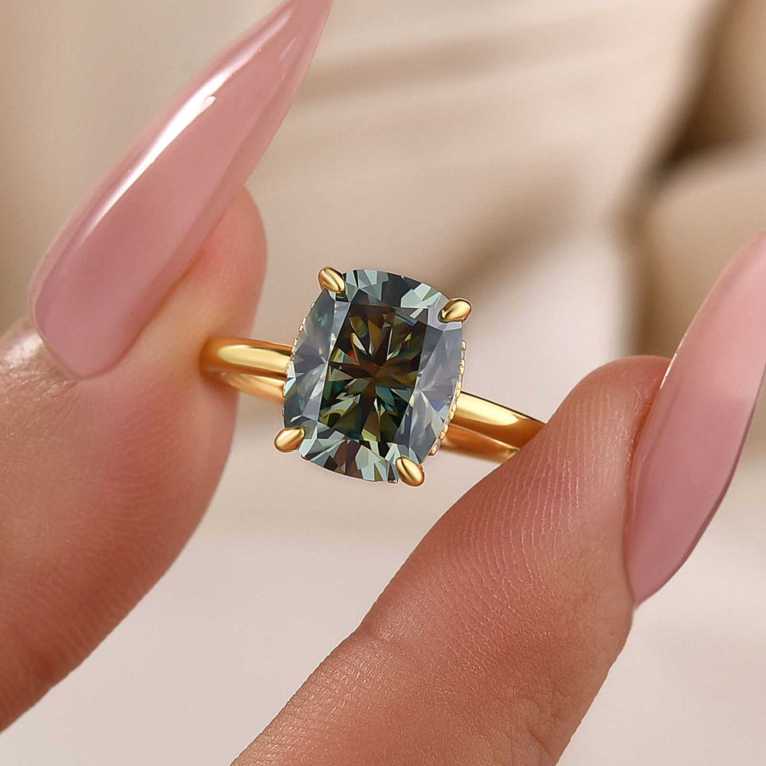 S925 Moissanite Elegant 3.5Ct Hidden Halo Green Stone Cushion Cut Engagement Ring in Sterling Silver