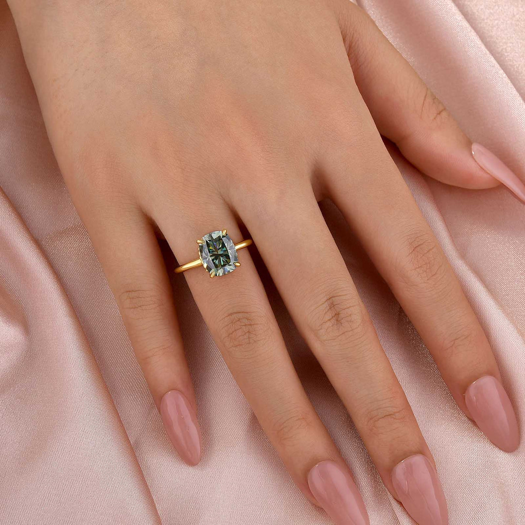 S925 Moissanite Elegant 3.5Ct Hidden Halo Green Stone Cushion Cut Engagement Ring in Sterling Silver