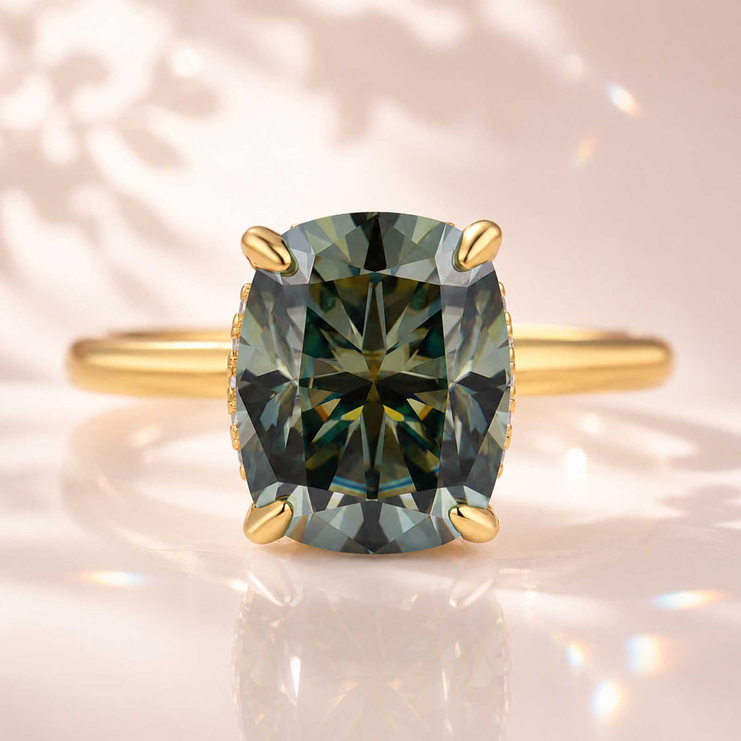 S925 Moissanite Elegant 3.5Ct Hidden Halo Green Stone Cushion Cut Engagement Ring in Sterling Silver