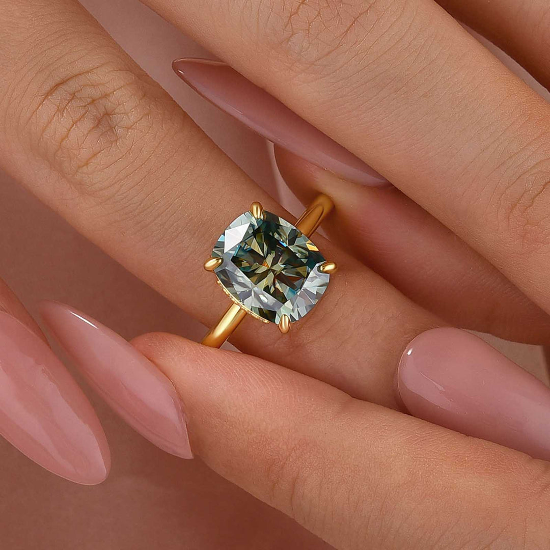 S925 Moissanite Elegant 3.5Ct Hidden Halo Green Stone Cushion Cut Engagement Ring in Sterling Silver