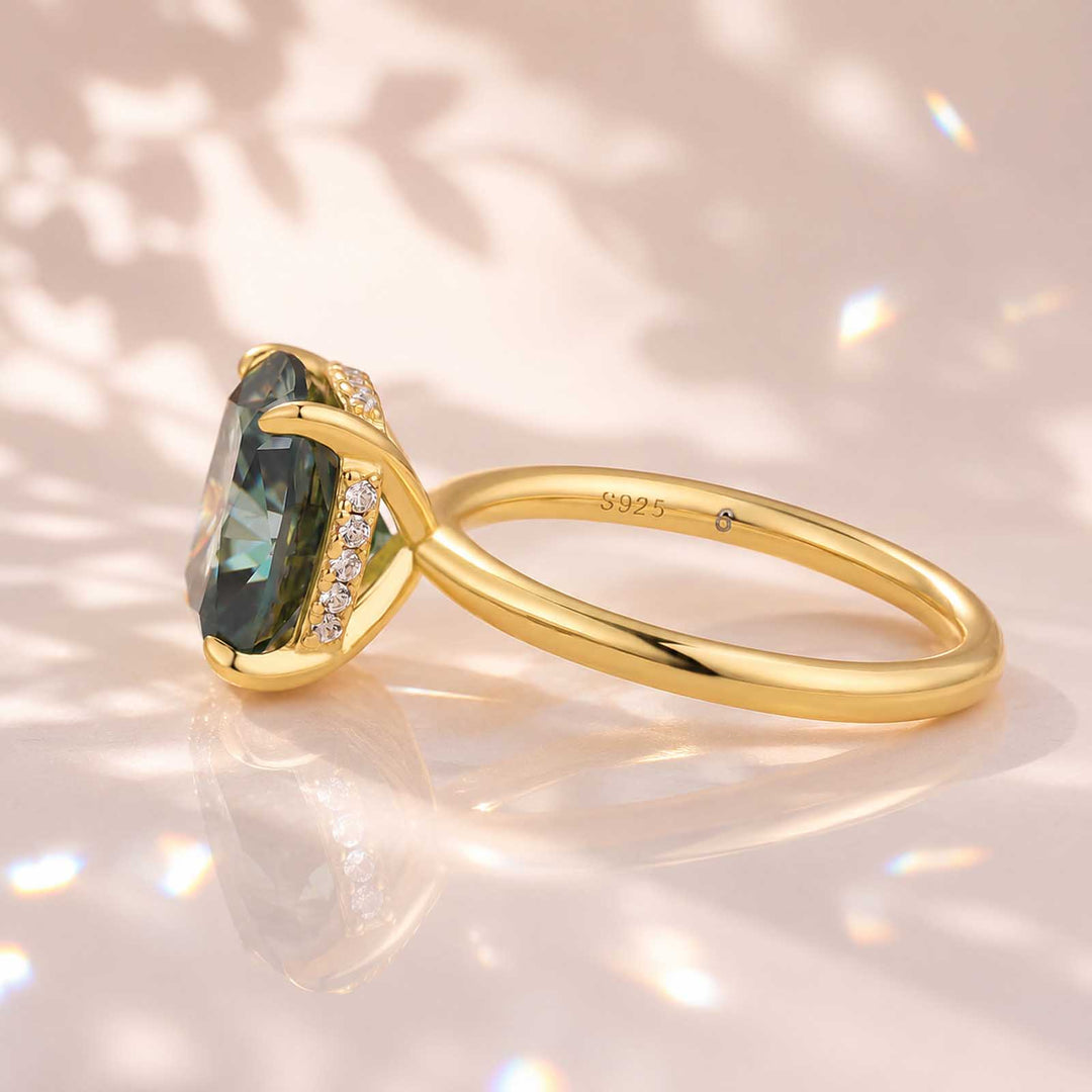 S925 Moissanite Elegant 3.5Ct Hidden Halo Green Stone Cushion Cut Engagement Ring in Sterling Silver