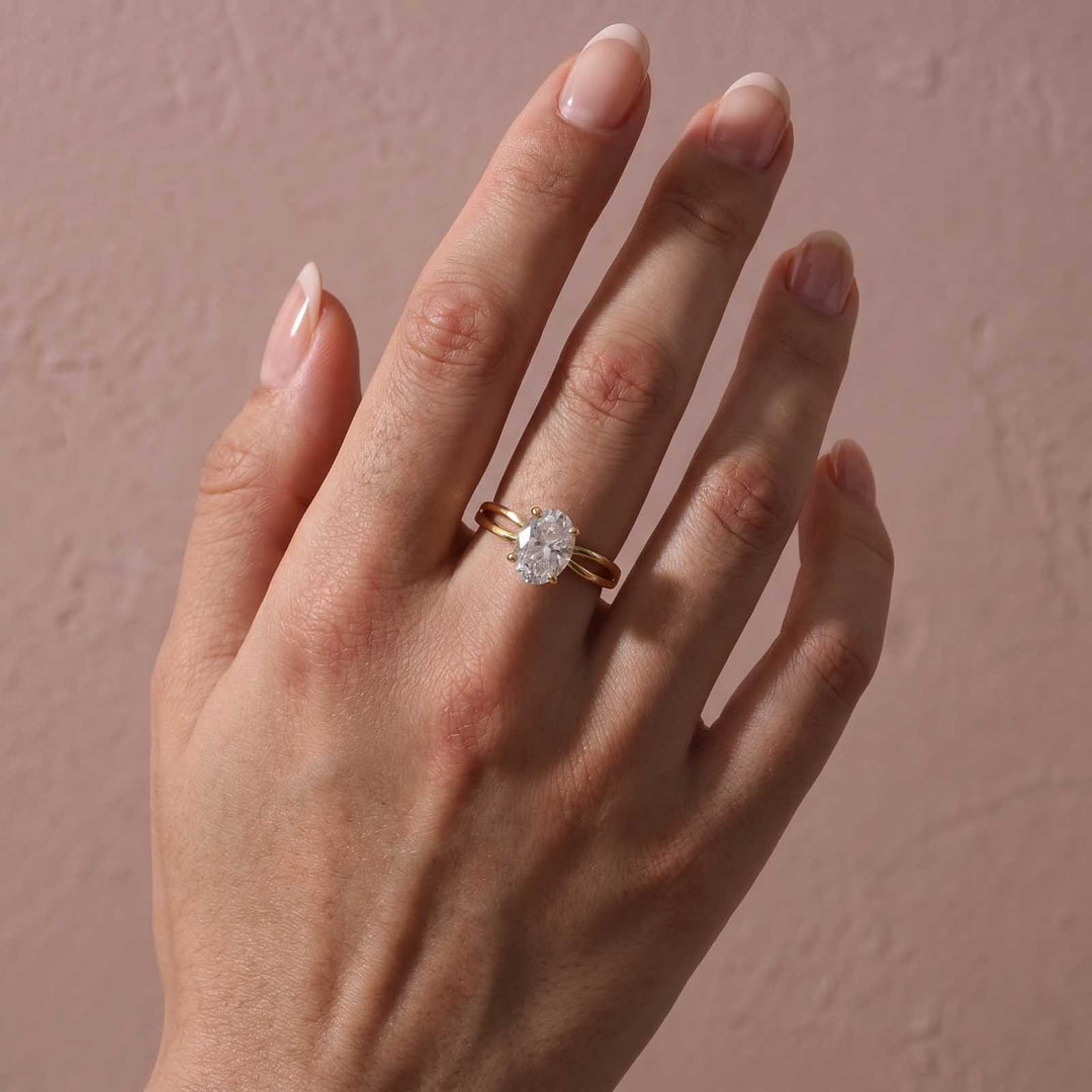 S925 Moissanite 2.5Ct Oval Cut Twist Split Shank 18K Yellow Gold Plated Engagement Ring