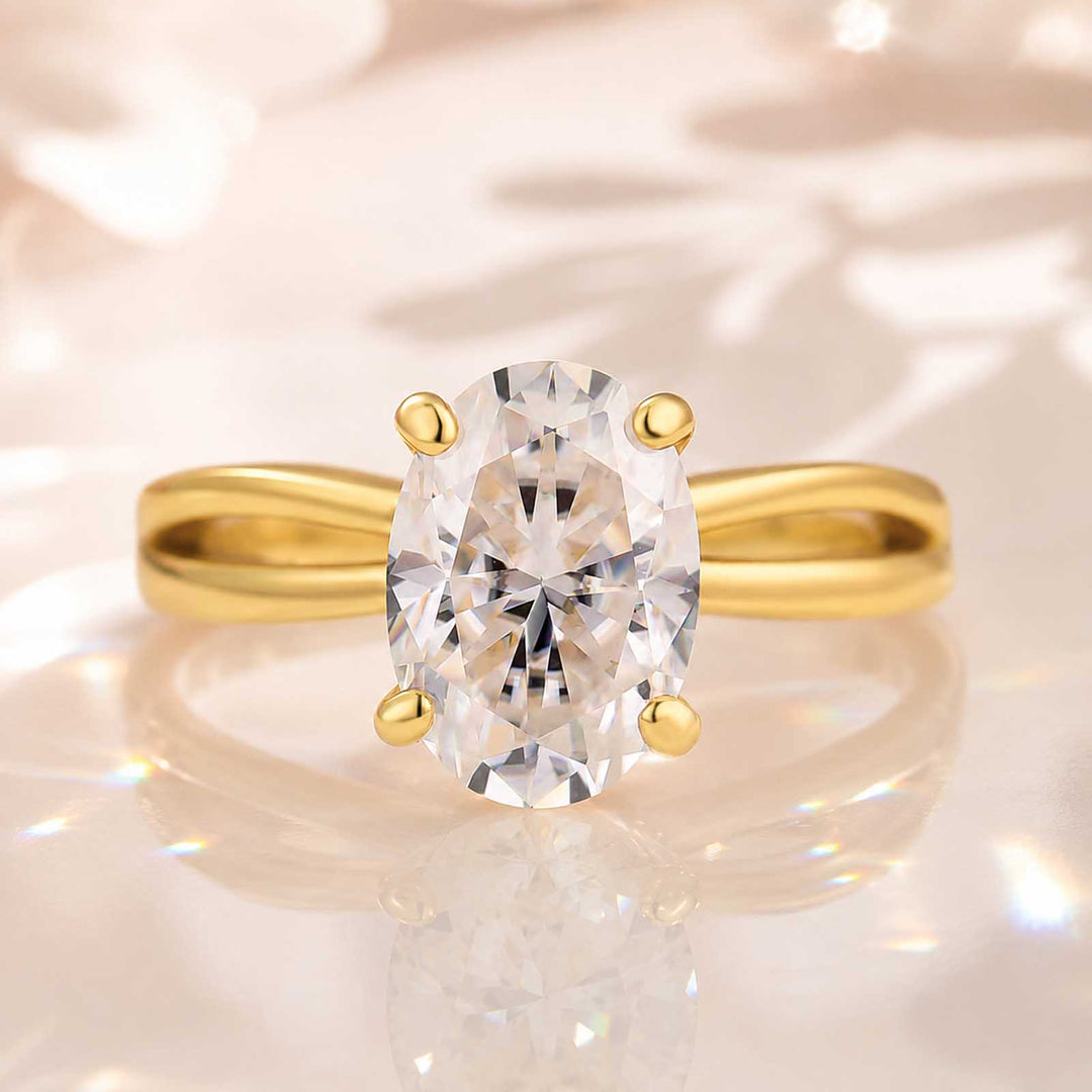 S925 Moissanite 2.5Ct Oval Cut Twist Split Shank 18K Yellow Gold Plated Engagement Ring