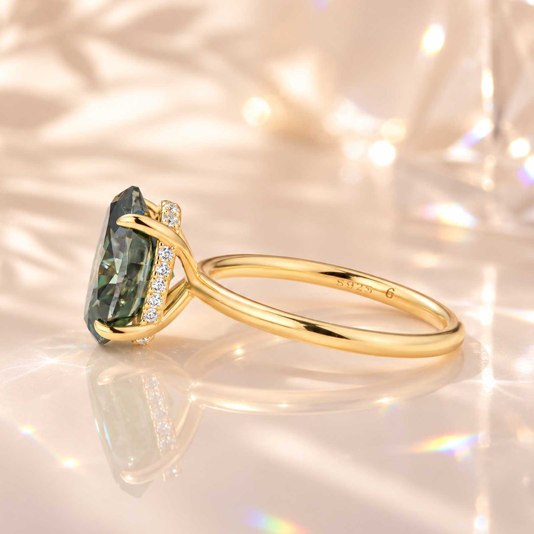 Moissanite 3.0Ct Green Oval Hidden Halo Solitaire Travel Ring in Sterling Silver