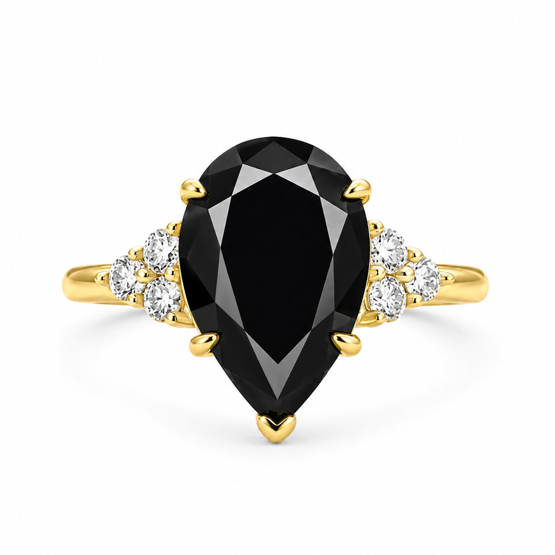 Rodiffy Moissanite 3.0 Ct Pear Cut White/Black Stone & White Side Stone Travel Ring