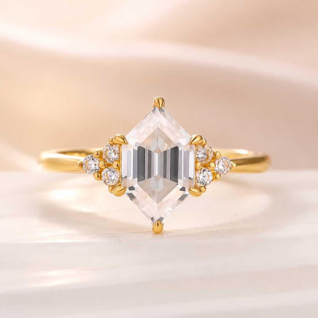 Moissanite 2.0Ct Elongated Hexagon Cut Side Stone Everyday Wearable Ring