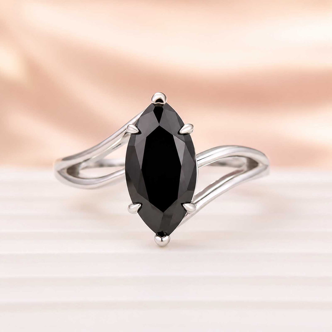 Moissanite 2.0Ct Marquise Cut Split Shank Slitaire Black Stone Travel Ring For Women