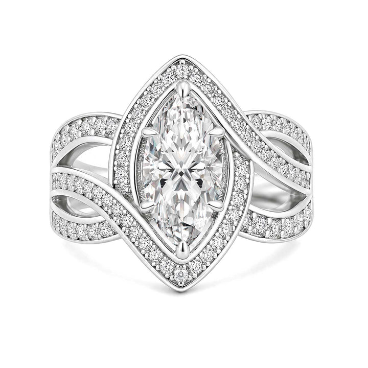Moissanite 2.0Ct Marquise Vintage Halo Ring With Intertwined Split Band In Sterling Silver